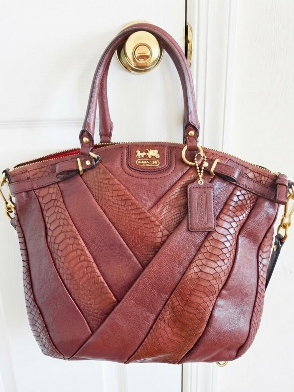 Coach Madison Large Tabacco Pyton/ Leather Patchwork Satchel with Gold Hardware - Picture 3 of 11